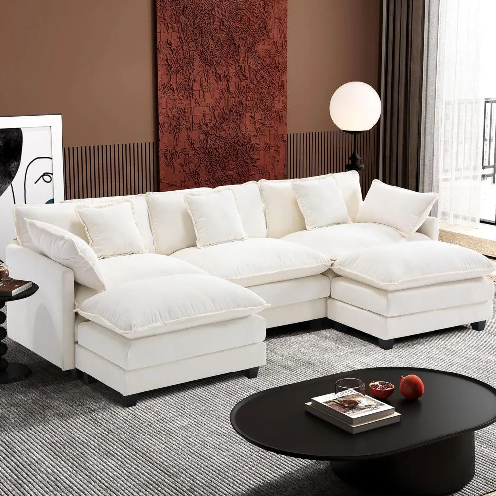 111.4" U Shaped Cloud Couch Modern Modular Sectional Sofa with 2 Ottoman, 5-Seat Chenille Deep Seat Sofa with 5 Pillows