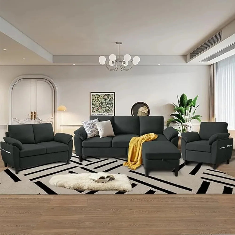 4 Piece Convertible Sectional Sofa Set, Modern Linen Small L Shaped Couch with Reversible Chaise, 3-Seater Sofa & Loveseat