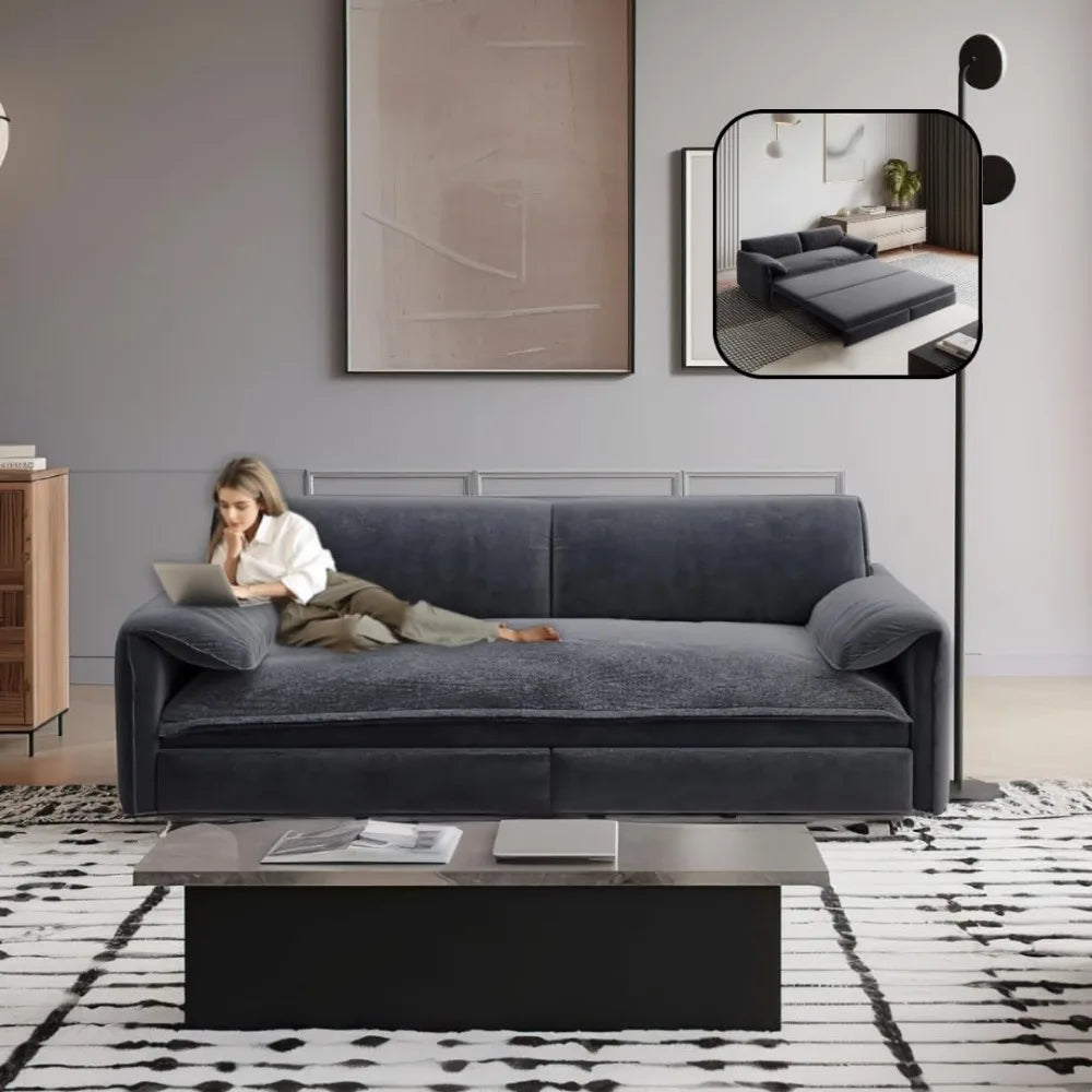 66" Queen Pull Out Sofa Bed – 3-in-1 Convertible Sleeper Sofa with Side Storage, Multi-Functional Velvet Loveseat Bed for Living