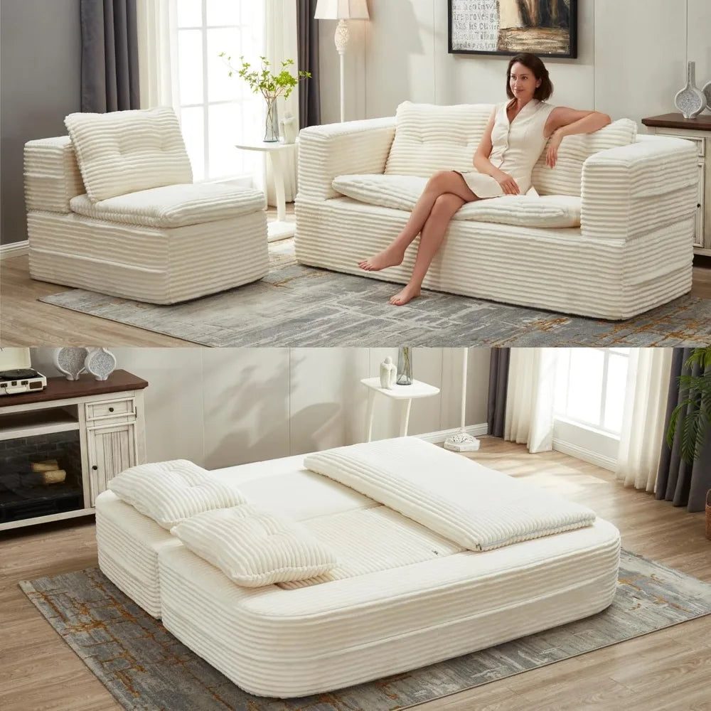 78.7 Inches Deep Seat Foldable Sofa Bed – Plush Corduroy Convertible Floor Sofa with Multi-Functional Blanket, for Living Room